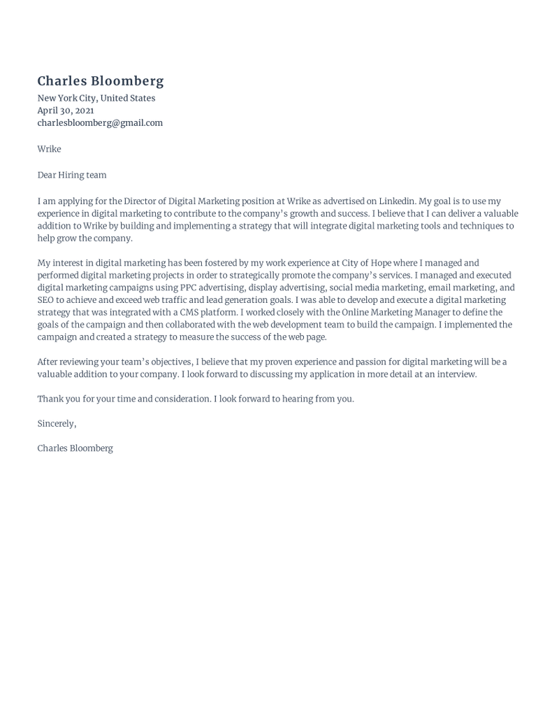 Rezi Digital Marketing Cover Letter Resume Template